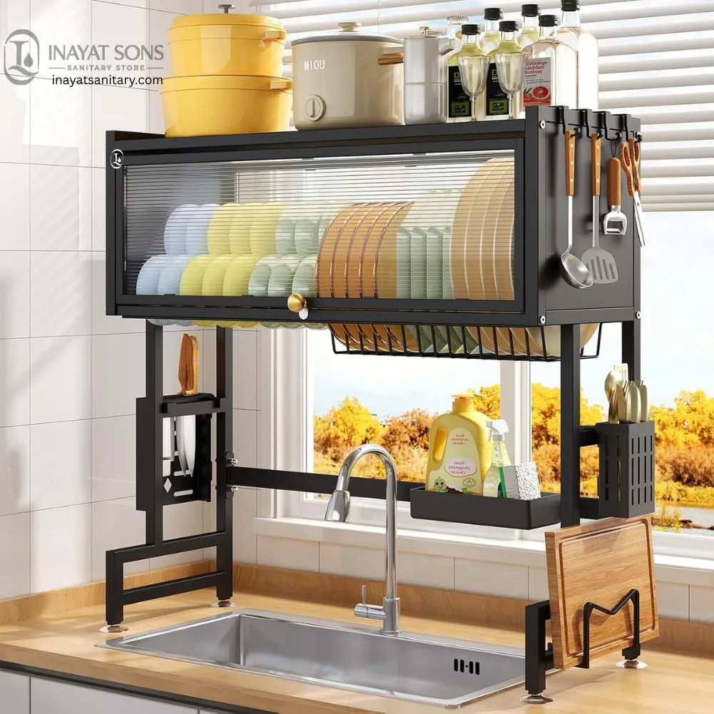 3 Tier Stainless Steel Kitchen Dish Rack with Cover – Over Sink Dish Drainer Rack with Plate, Bowl, Glass, Cutlery & Knife Holder