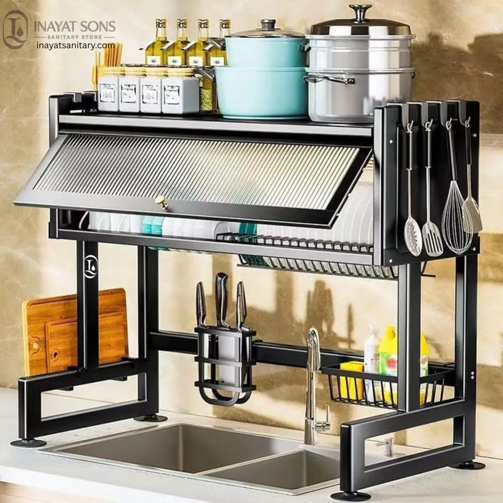 Heavy Duty Stainless Steel Over The Sink Dish Drying Rack with Dust-Proof Cover – 3 Tier Kitchen Organizer